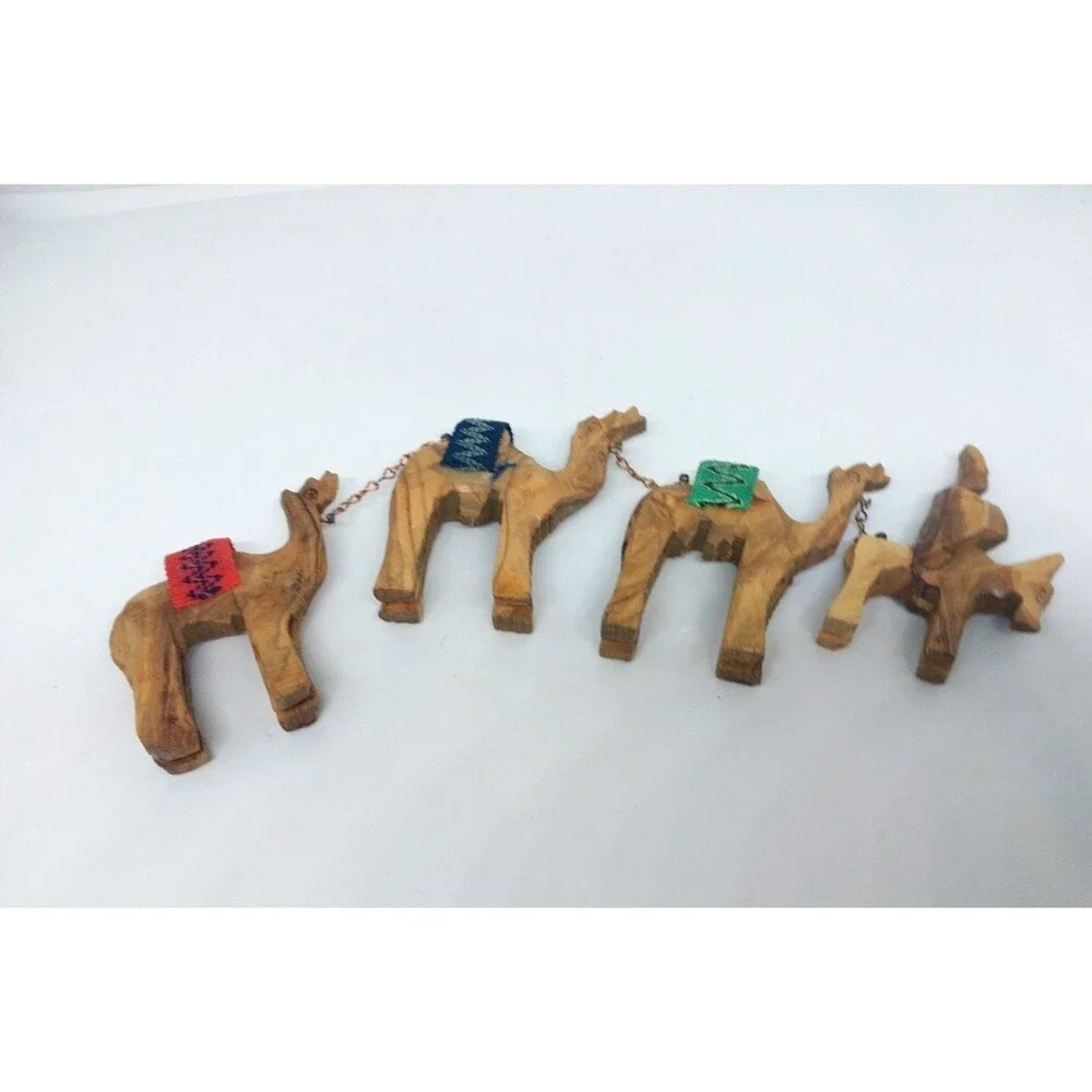 Vtg Donkey Camel Caravan Train Figurines Hand Carved Olive Wood Jerusalem 4 pc.
